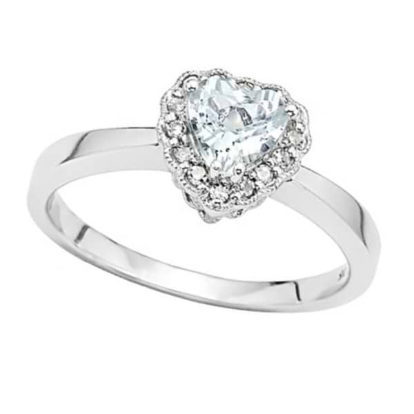 Aquamarine & Diamond Vintage Heart Promise Ring 14k White Gold 0.40ct