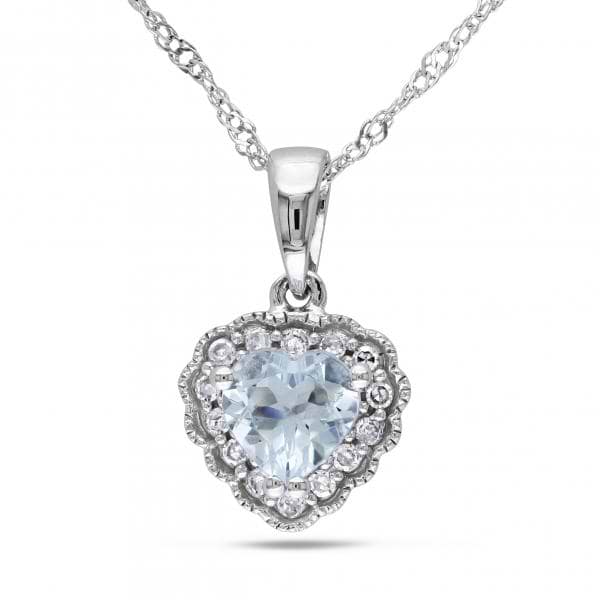 Aquamarine & Diamond Vintage Heart Pendant Necklace 14k W. Gold 0.50ct