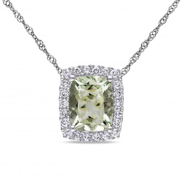 Cushion Cut Green Amethyst & Halo Diamond Pendant 14k W. Gold (2.10ct)