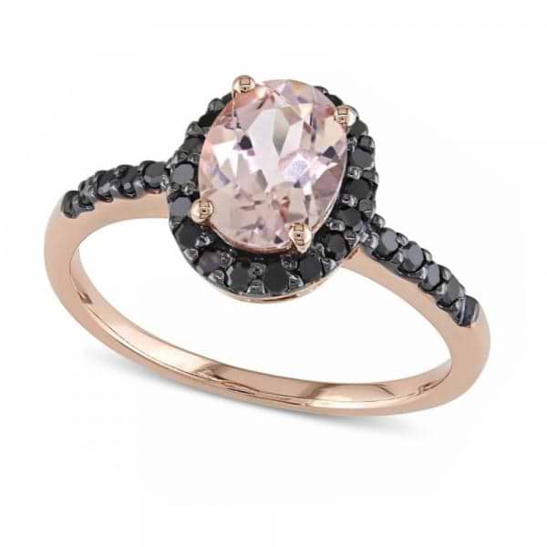 Oval Morganite & Black Diamond Halo Fashion Ring 14k Rose Gold 1.30ct