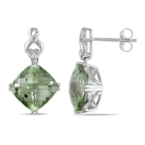 Diamond & Cushion Cut Green Amethyst Drop Earrings 14k W. Gold 8.00ct