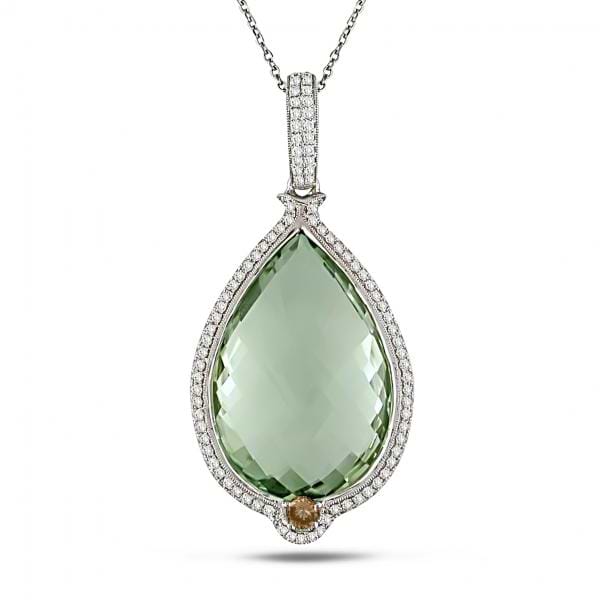 Green Amethyst & Diamond Accented Pendant Necklace 14k W. Gold 28.90ct