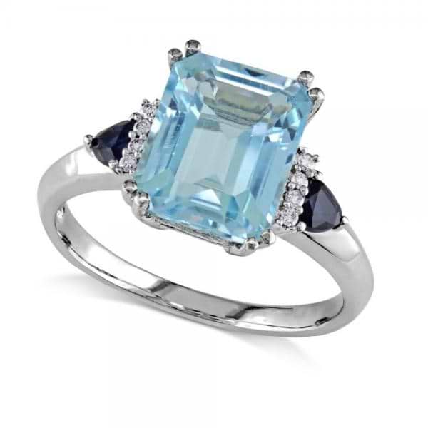 Swiss Blue Topaz, Sapphire & Diamond Ring 14k White Gold (4.40ct)