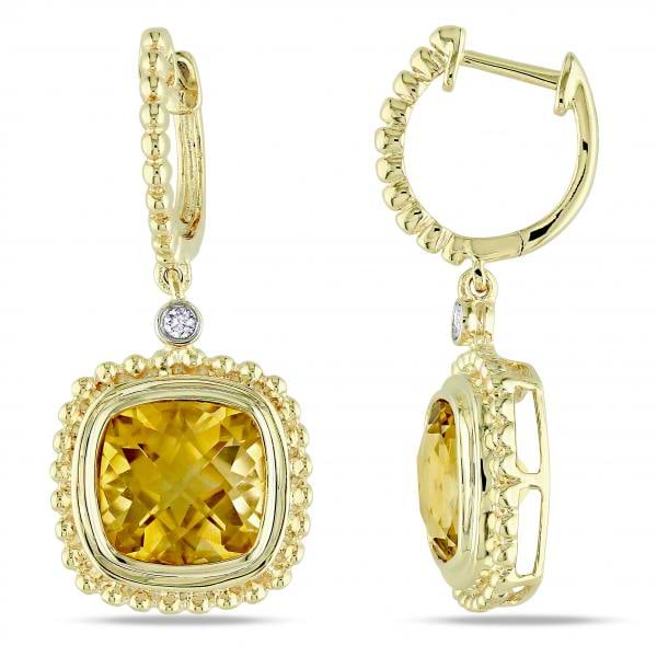 Cushion Cut Citrine & Diamond Dangle Earrings 14k Yellow Gold (5.80ct)