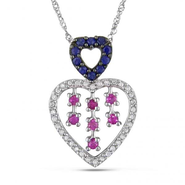 Diamond & Multi-Sapphire Heart Pendant Necklace 14k White Gold 0.40ct
