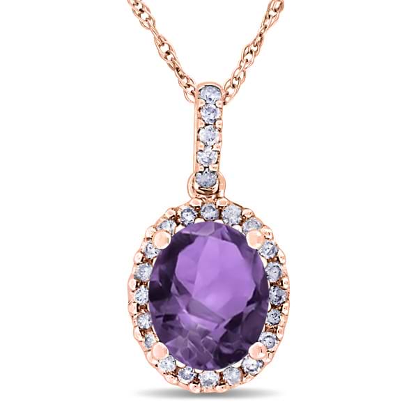 Amethyst & Halo Diamond Pendant Necklace in 14k Rose Gold 2.00ct