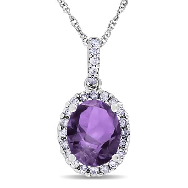Amethyst & Halo Diamond Pendant Necklace in 14k White Gold 2.00ct