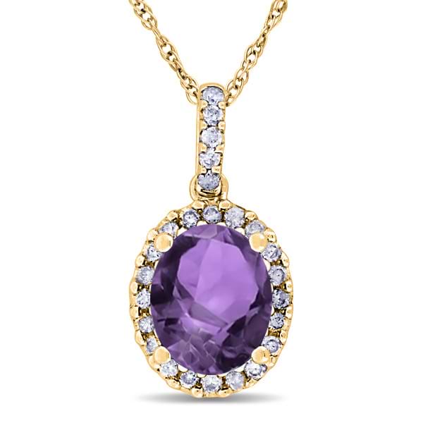 Amethyst & Halo Diamond Pendant Necklace in 14k Yellow Gold 2.00ct