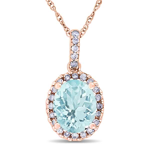 Aquamarine & Halo Diamond Pendant Necklace in 14k Rose Gold 2.00ct