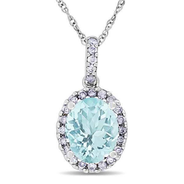 Aquamarine & Halo Diamond Pendant Necklace in 14k White Gold 2.00ct