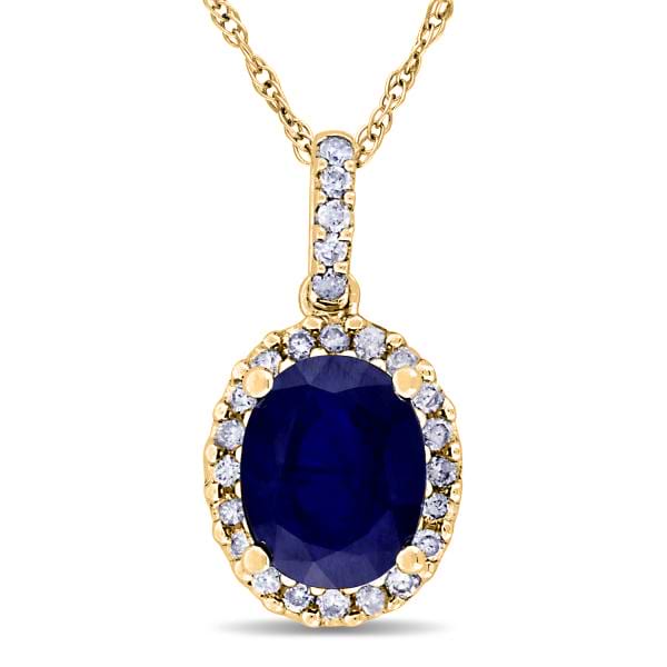 Lab Blue Sapphire & Halo Diamond Pendant Necklace 14k Yellow Gold 2.90ct