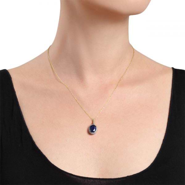 Blue Sapphire & Halo Diamond Pendant Necklace in 14k Yellow Gold 2.90ct