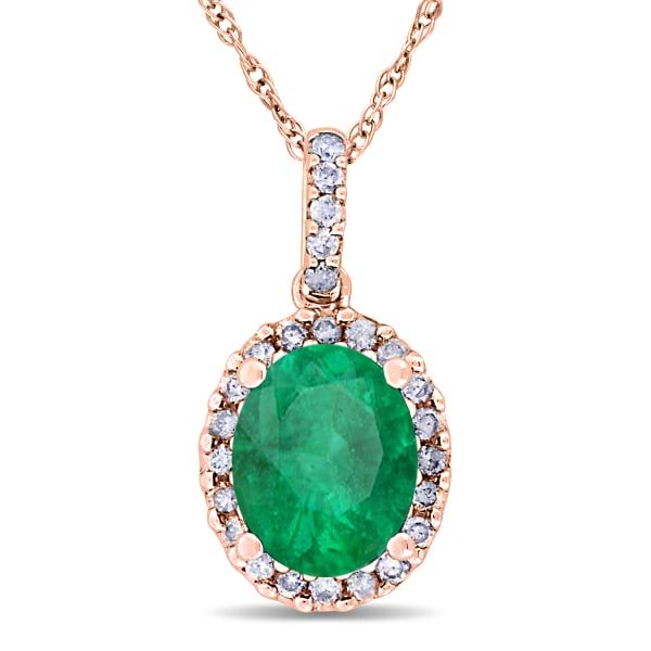 Lab Emerald & Halo Diamond Pendant Necklace 14k Rose Gold 2.14ct