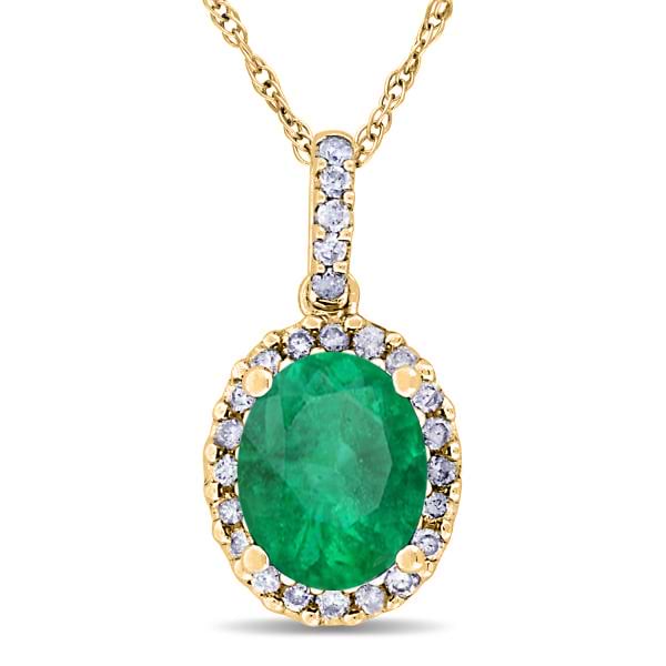 Emerald & Halo Diamond Pendant Necklace in 14k Yellow Gold 2.14ct