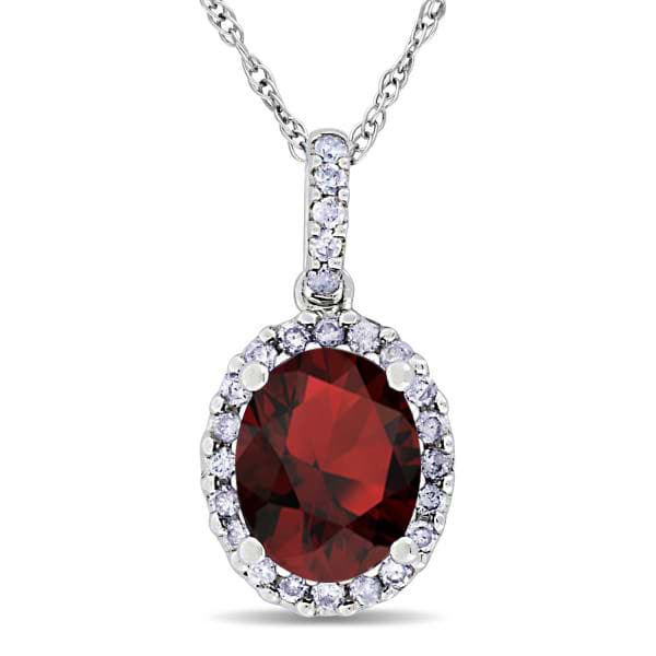 Garnet & Halo Diamond Pendant Necklace in 14k White Gold 2.34ct