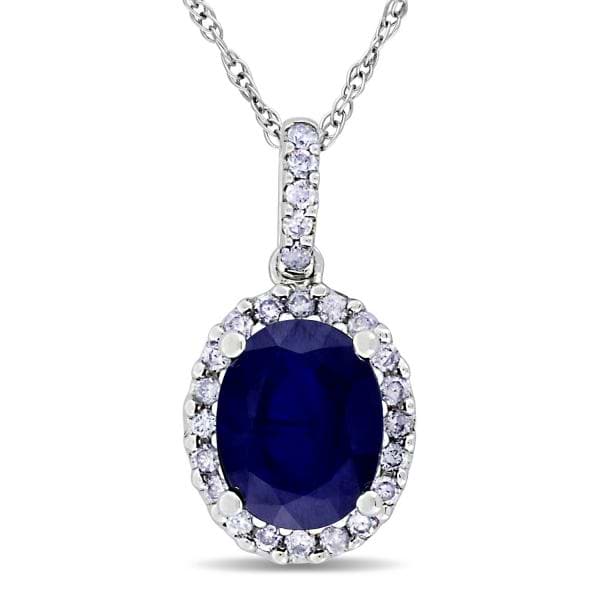 Lab Blue Sapphire & Halo Diamond Pendant Necklace 14k White Gold 2.90ct