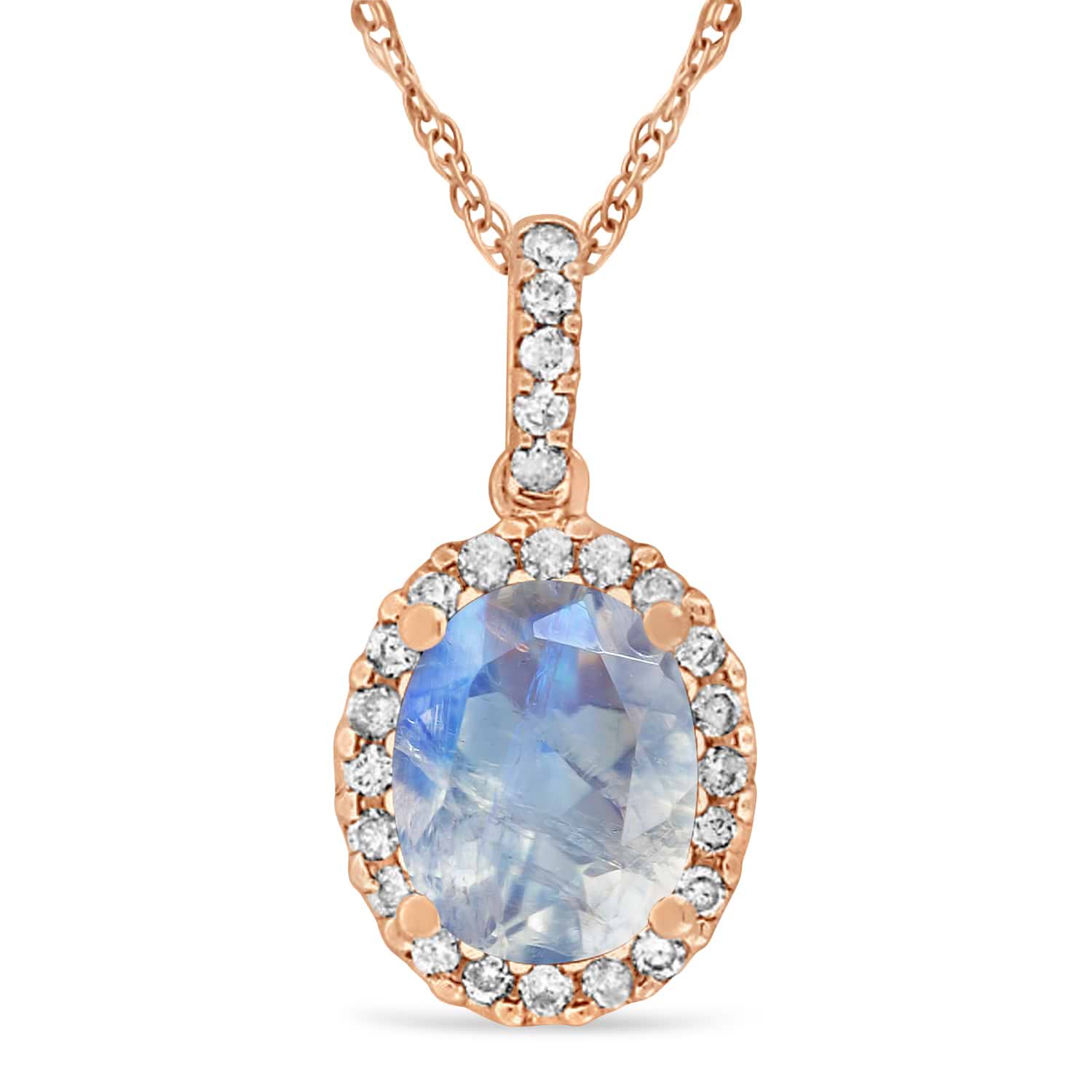 Moonstone & Halo Diamond Pendant Necklace in 14k Rose Gold 2.14ct