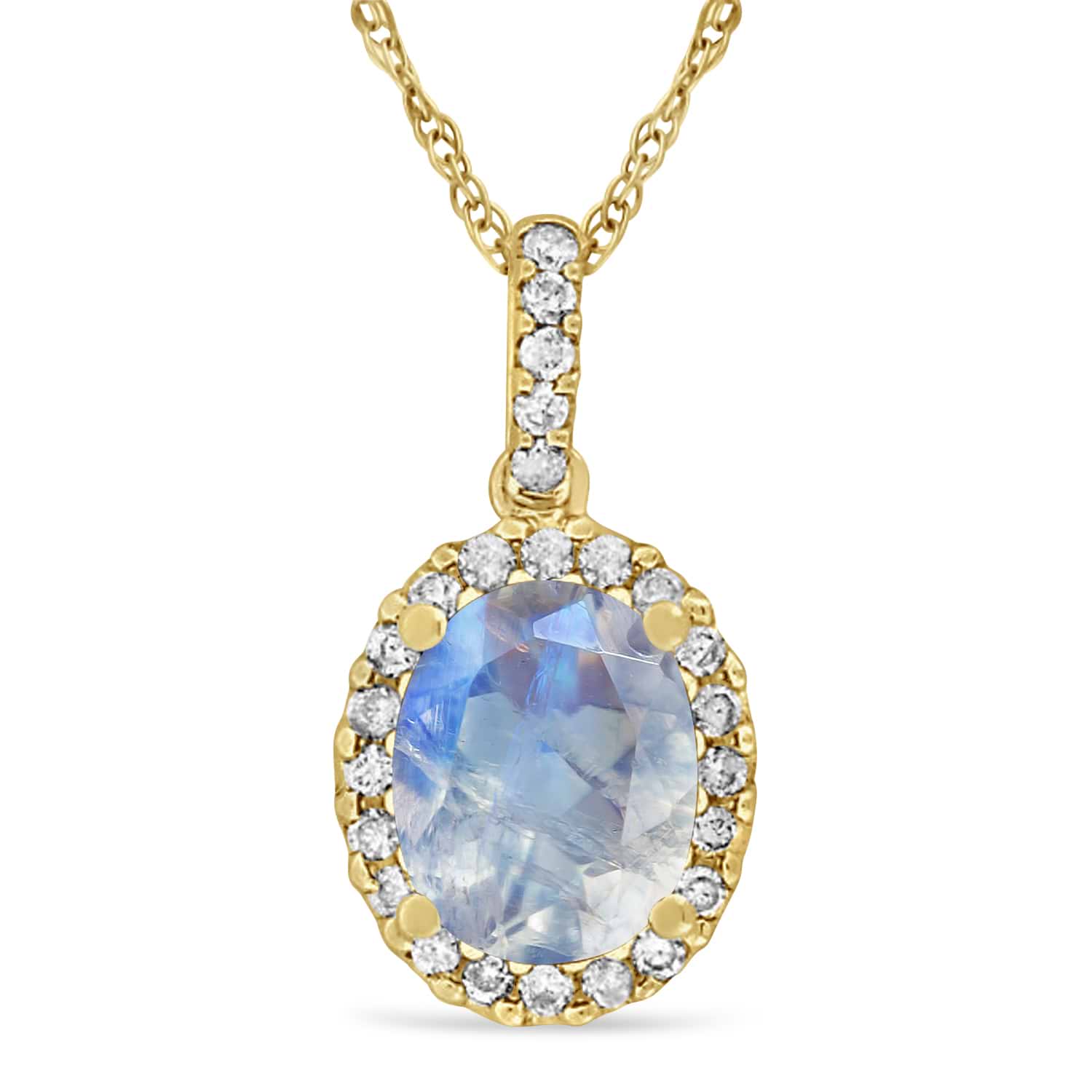 Moonstone & Halo Diamond Pendant Necklace in 14k Yellow Gold 2.14ct