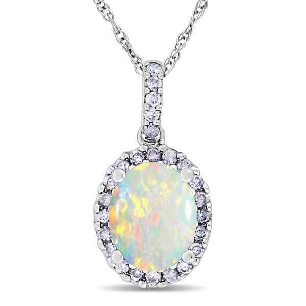Opal & Halo Diamond Pendant Necklace in 14k White Gold 1.34ct