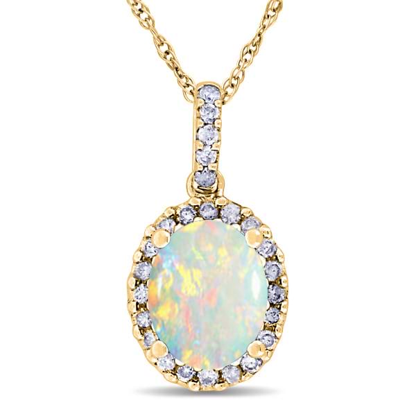 Opal & Halo Diamond Pendant Necklace in 14k Yellow Gold 1.34ct