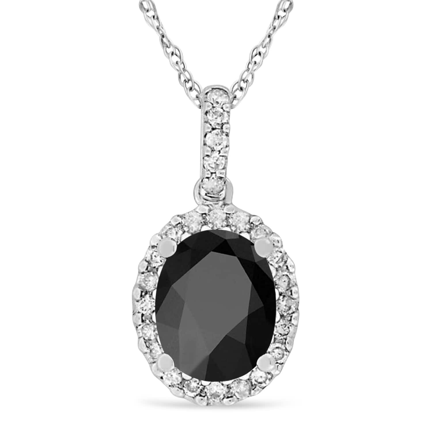 Onyx & Halo Diamond Pendant Necklace in 14k White Gold 2.14ct