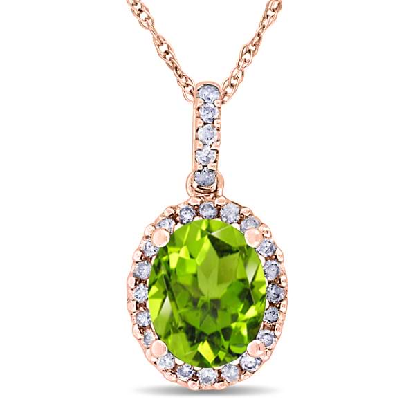 Peridot & Halo Diamond Pendant Necklace in 14k Rose Gold 2.24ct