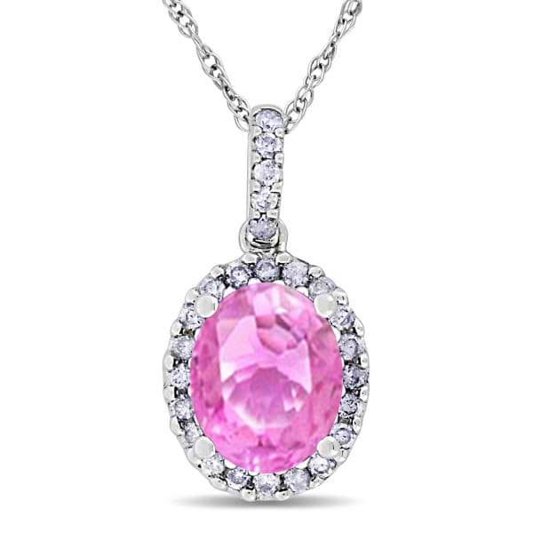 Pink Sapphire & Halo Diamond Pendant Necklace in 14k White Gold 2.44ct