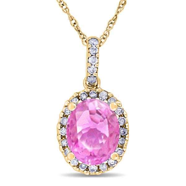 Lab Pink Sapphire & Halo Diamond Pendant Necklace 14k Yellow Gold 2.44ct