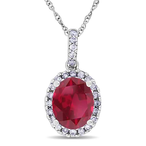 Ruby & Halo Diamond Pendant Necklace in 14k White Gold 2.44ct