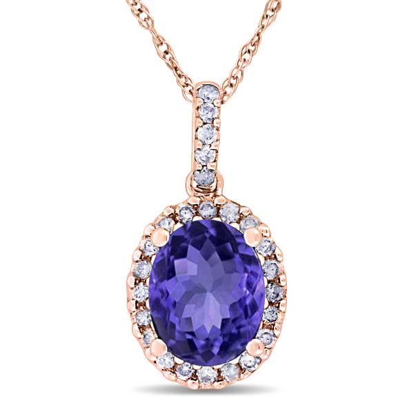 Tanzanite & Halo Diamond Pendant Necklace in 14k Rose Gold 2.44ct