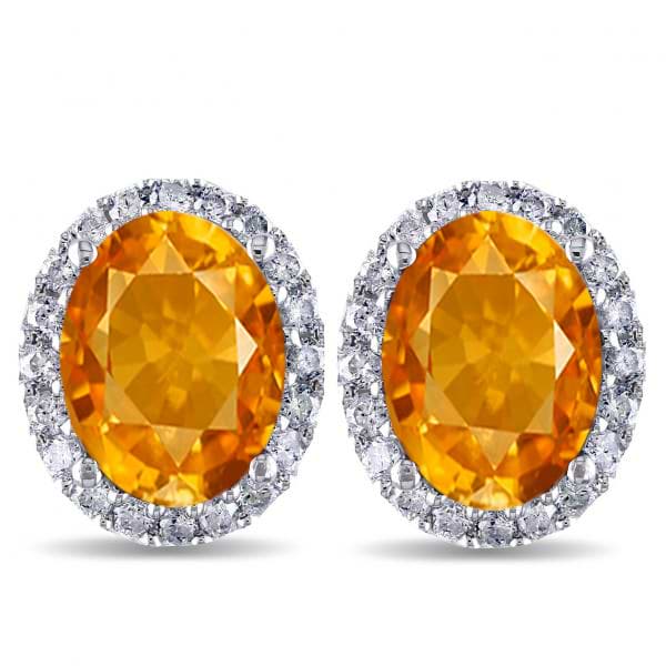 Oval Citrine & Halo Diamond Stud Earrings 14k White Gold 3.92ct