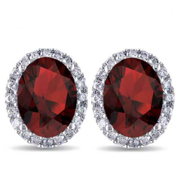 Oval Garnet & Halo Diamond Stud Earrings 14k White Gold 4.60ct