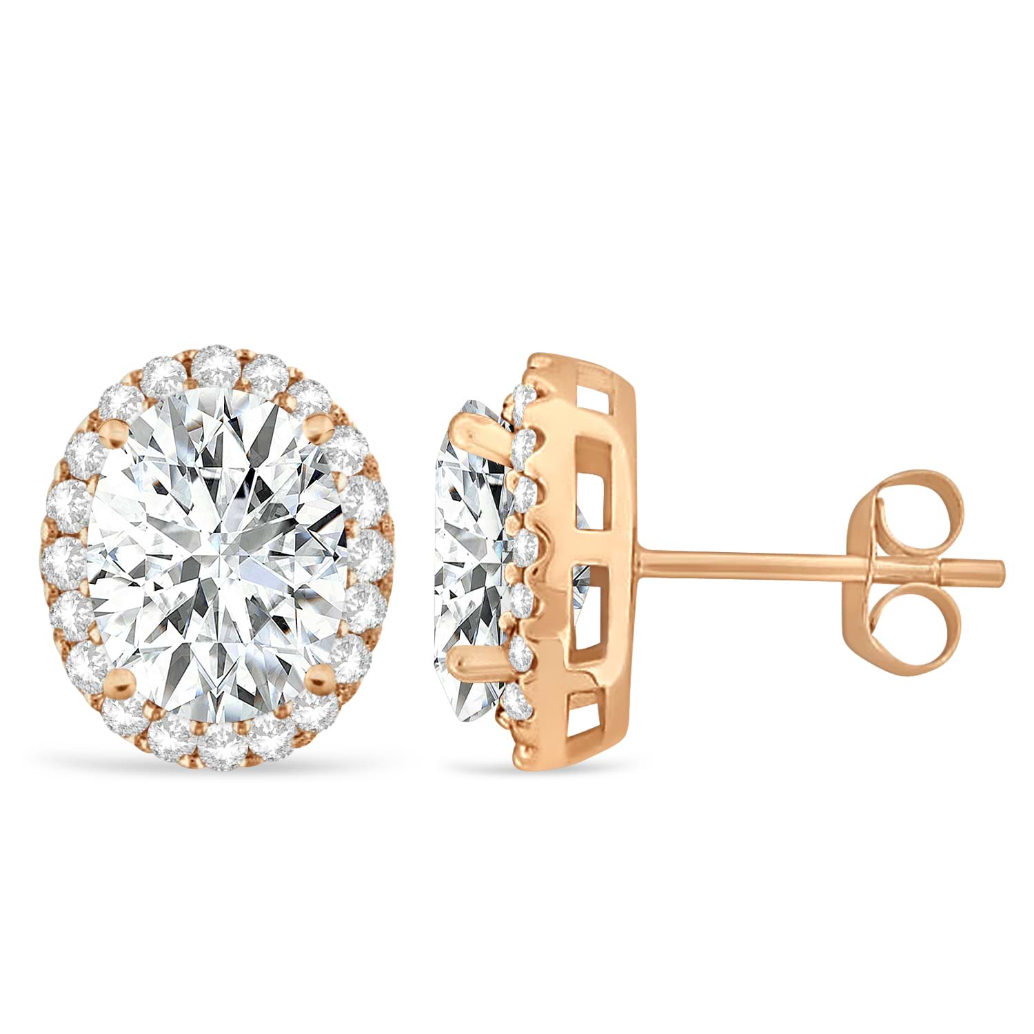 Oval Moissanite & Halo Diamond Stud Earrings 14k Rose Gold 3.82ct