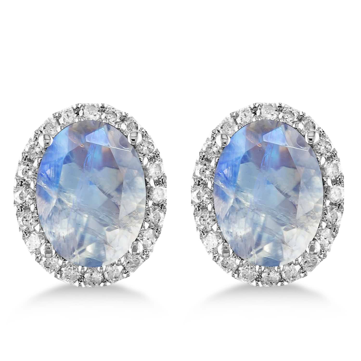Oval Moonstone & Halo Diamond Stud Earrings 14k White Gold (2.40ct)