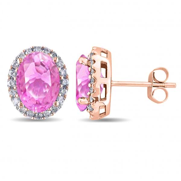 Oval Pink Sapphire & Halo Diamond Stud Earrings 14k Rose Gold 4.80ct
