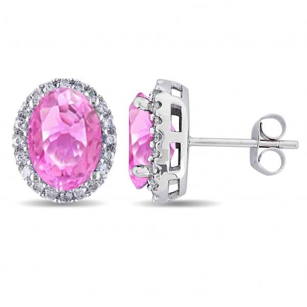 Oval Pink Sapphire & Halo Diamond Stud Earrings 14k White Gold 4.80ct