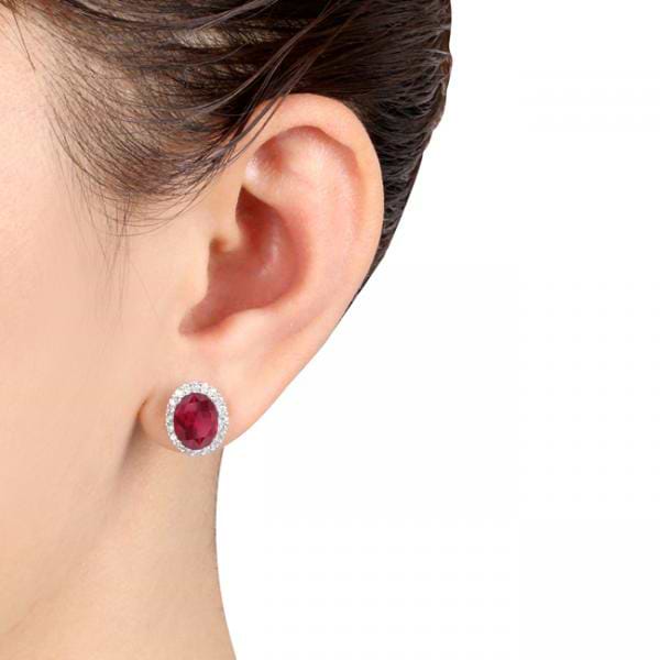 Oval Ruby & Halo Diamond Stud Earrings 14k White Gold 4.80ct