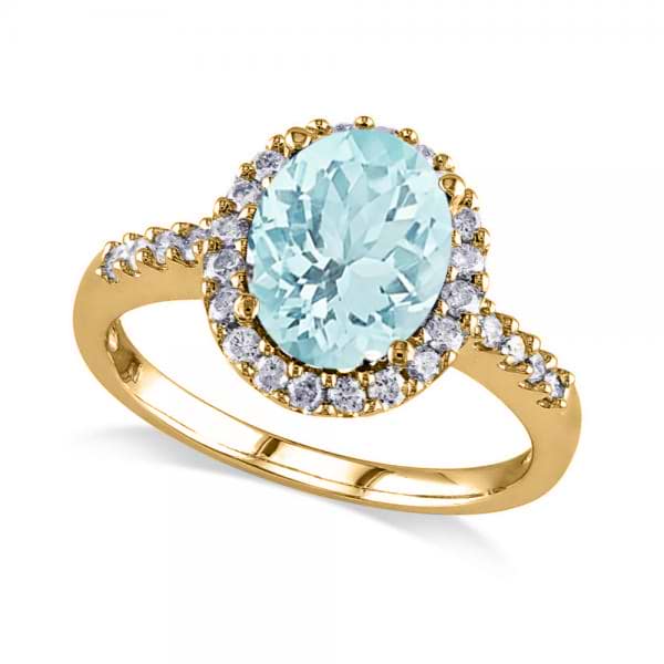 Oval Aquamarine & Halo Diamond Engagement Ring 14k Yellow Gold 2.67ct