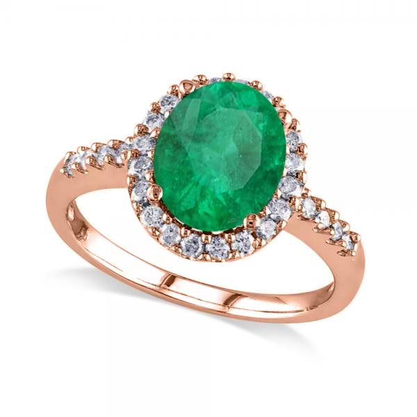 Oval Emerald & Halo Diamond Engagement Ring 14k Rose Gold 3.02ct