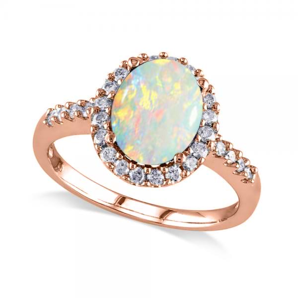 Oval Opal & Halo Diamond Engagement Ring 14k Rose Gold 2.07ct