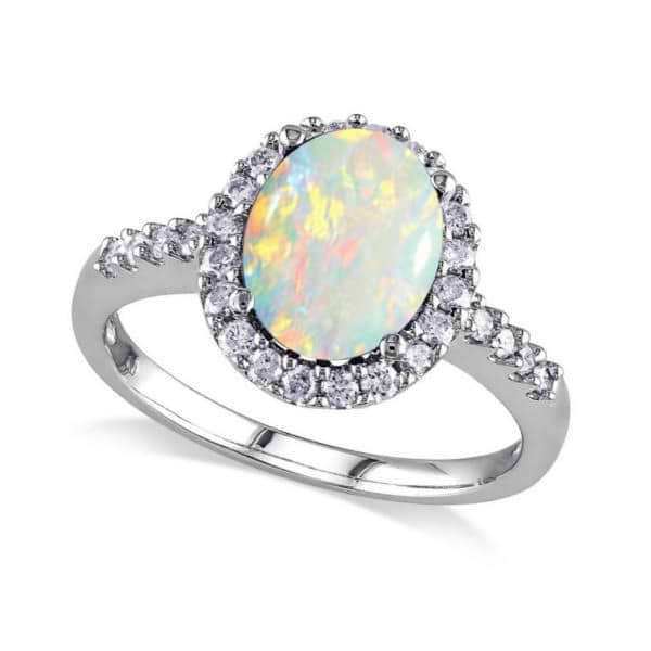 Oval Opal & Halo Diamond Engagement Ring 14k White Gold 2.07ct - DE546