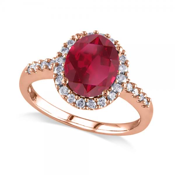 Oval Ruby & Halo Diamond Engagement Ring 14k Rose Gold 3.57ct