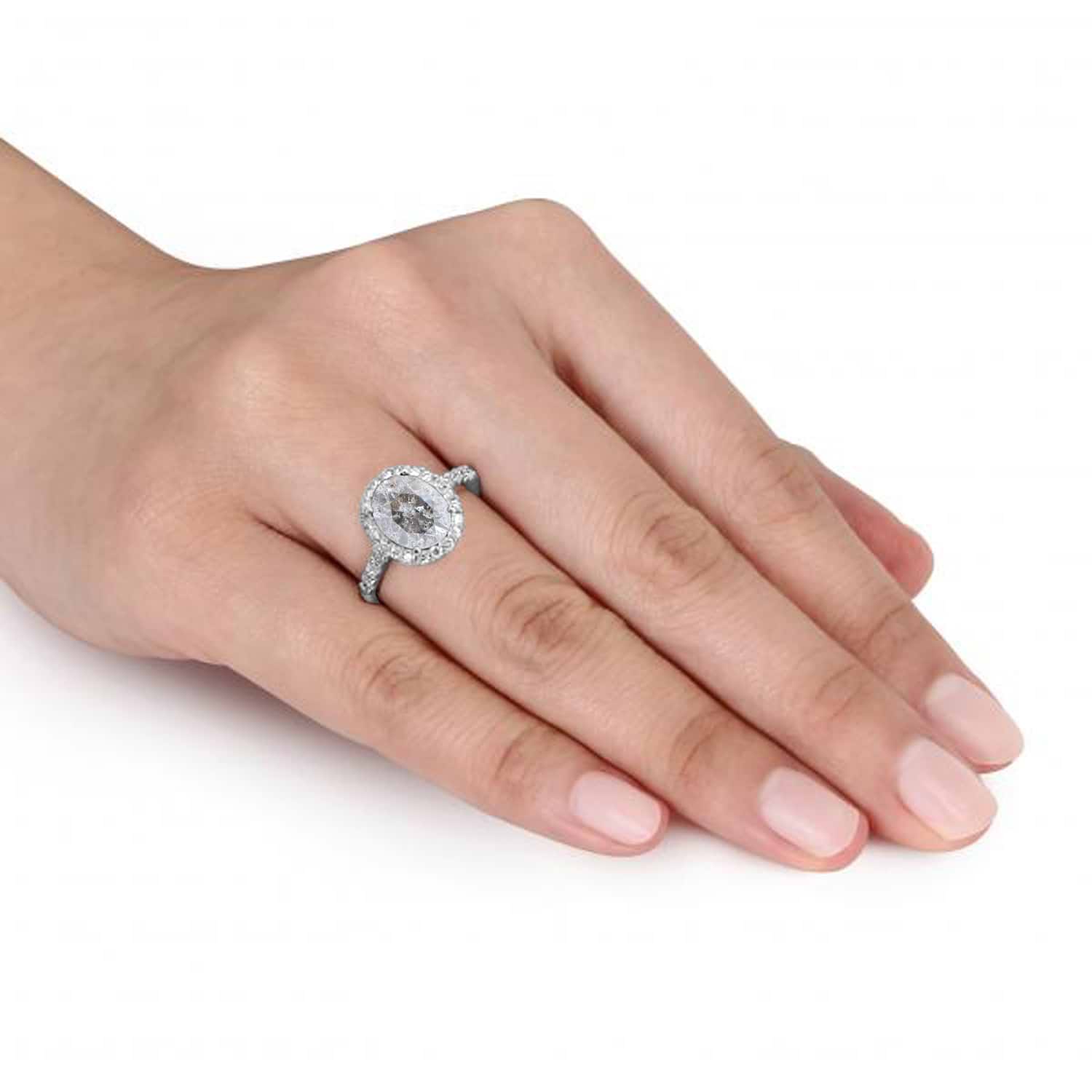 Oval Salt & Pepper & Halo Diamond Engagement Ring 14k White Gold 2.82ct
