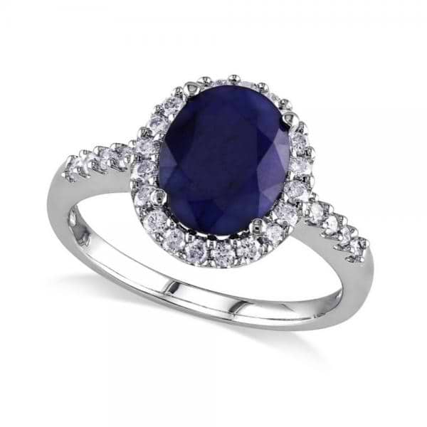 Oval Blue Sapphire & Halo Diamond Engagement Ring 14k W. Gold (3.92ct)