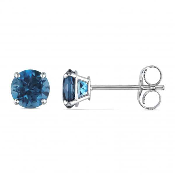 Round Cut Solitaire Blue Topaz Stud Earrings 14k White Gold (1.10ct)