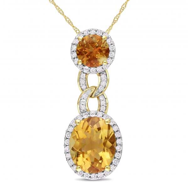 Oval & Round Citrine Halo Diamond Pendant Necklace 14k Y. Gold 6.00ct
