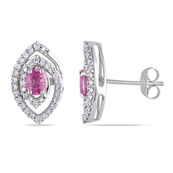 Oval Pink Sapphire & Diamond Stud Earrings in 14k White Gold (1.30ct)