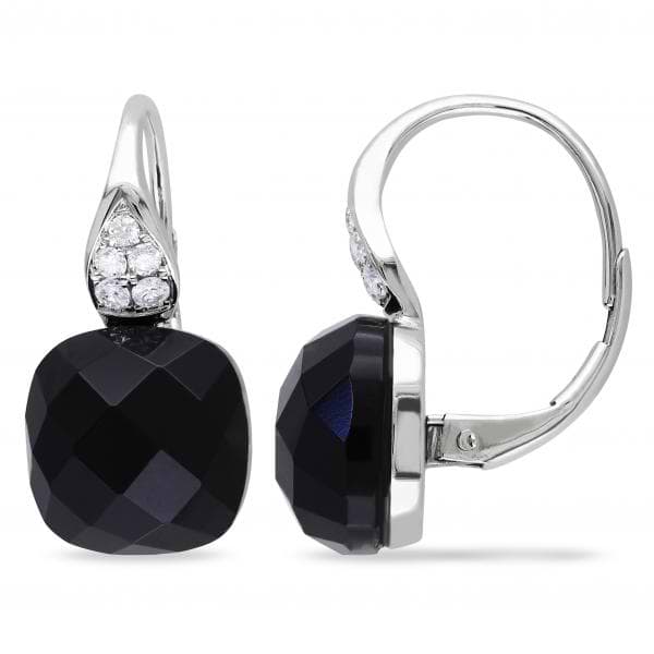 Cushion Cut Black Onyx & Diamond Drop Earrings 14k White Gold (8.20ct)