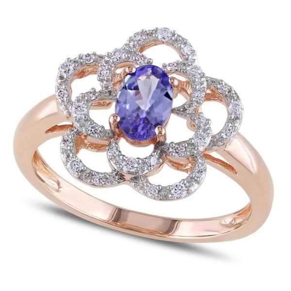 Oval Tanzanite & Diamond Flower Fashion Ring in 14k Rose Gold (0.60ct)