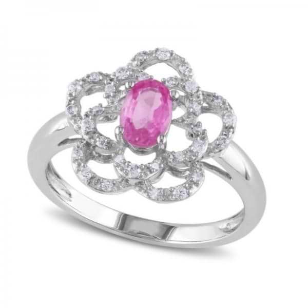 Pink Sapphire & Diamond Flower Fashion Ring in 14k White Gold (0.60ct)